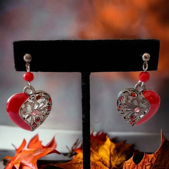 Red Enameled Heart Dangle Earrings Romantic Bohemian Pierced Valentines PATINA. - Picture 1 of 14